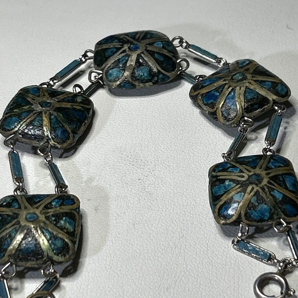 Vintage‎ Sterling Tibet Nepalese Style Turquoise Wire Inlay Bead Bracelet 5515 - Picture 11 of 13